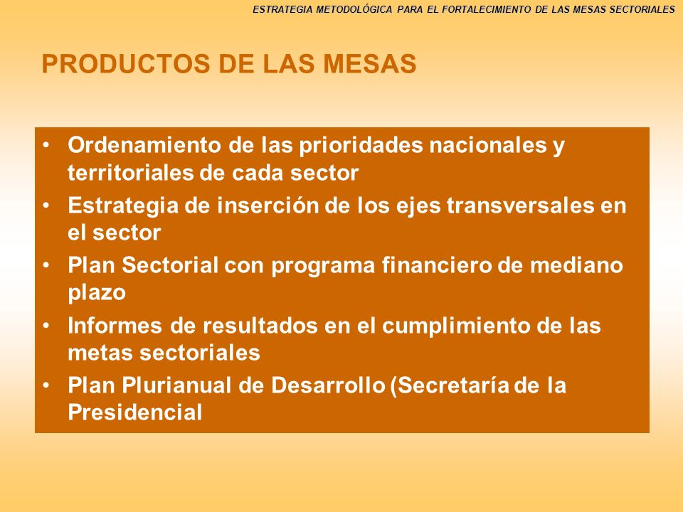PRODUCTOS DE LAS MESAS Ordenamiento de las prioridades nacionales y territoriales de cada sector.