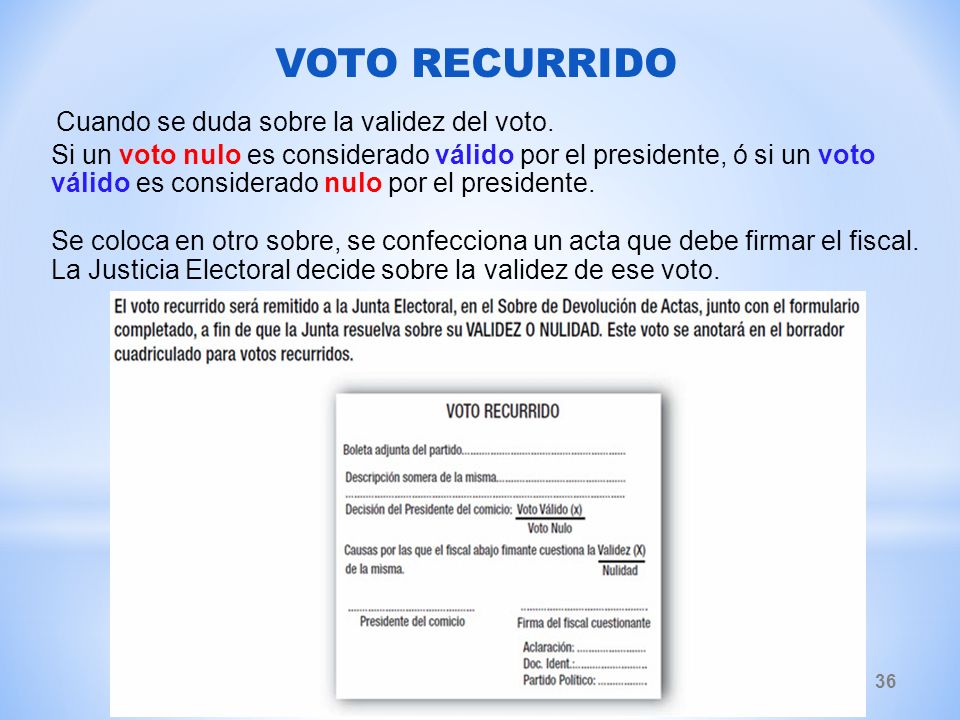 VOTO RECURRIDO Cuando se duda sobre la validez del voto.