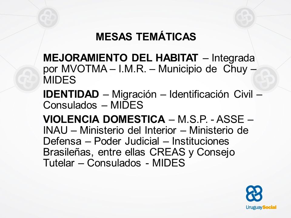 MESAS TEMÁTICAS MEJORAMIENTO DEL HABITAT – Integrada por MVOTMA – I.M.R. – Municipio de Chuy – MIDES.