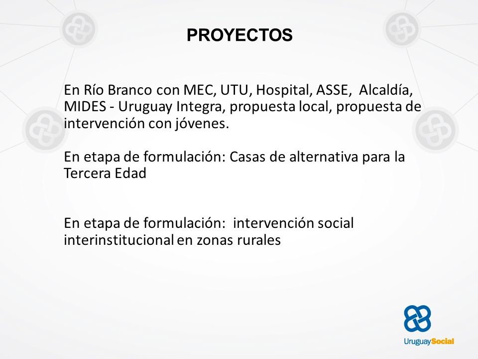 PROYECTOS En Río Branco con MEC, UTU, Hospital, ASSE, Alcaldía, MIDES - Uruguay Integra, propuesta local, propuesta de intervención con jóvenes.