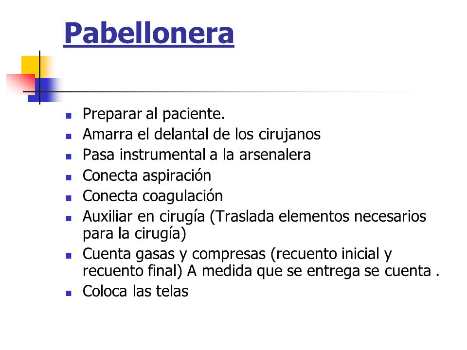 Pabellonera Preparar al paciente. Amarra el delantal de los cirujanos