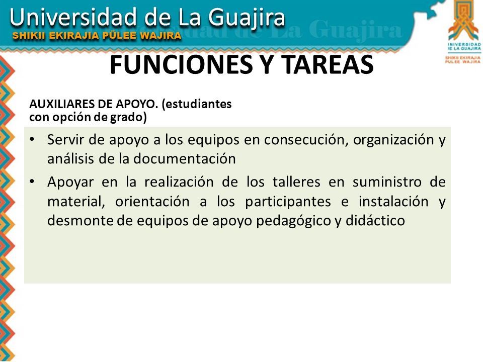 FUNCIONES Y TAREAS AUXILIARES DE APOYO. (estudiantes con opción de grado)