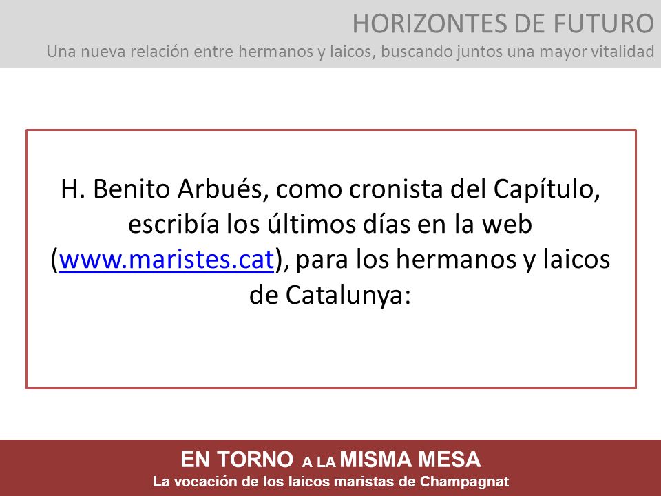 HORIZONTES DE FUTURO Una nueva relación entre hermanos y laicos, buscando juntos una mayor vitalidad