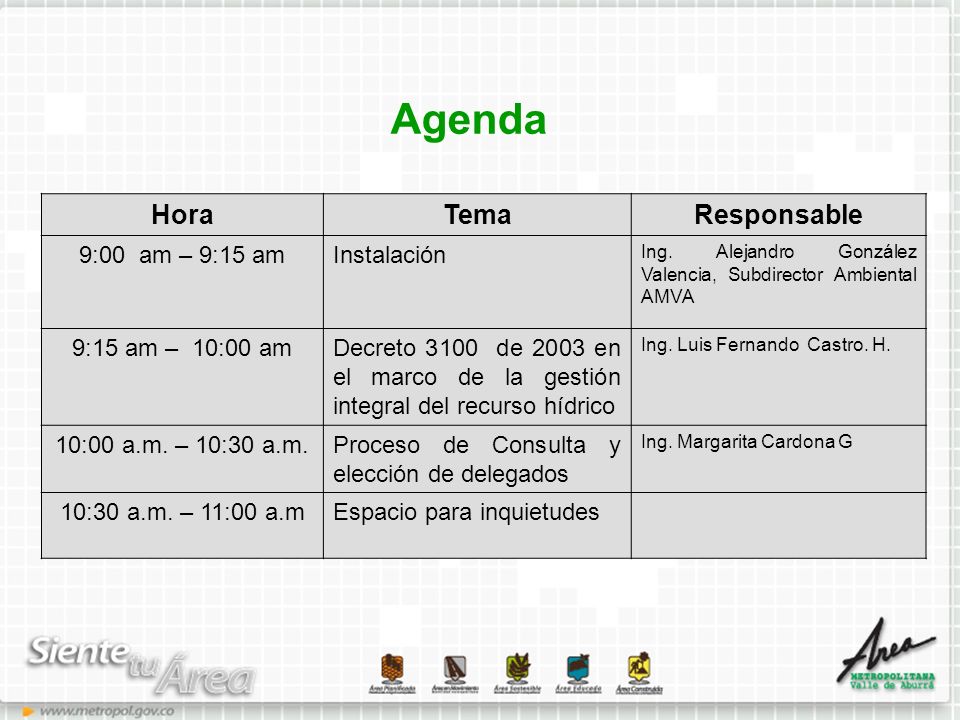 Agenda Hora Tema Responsable 9:00 am – 9:15 am Instalación