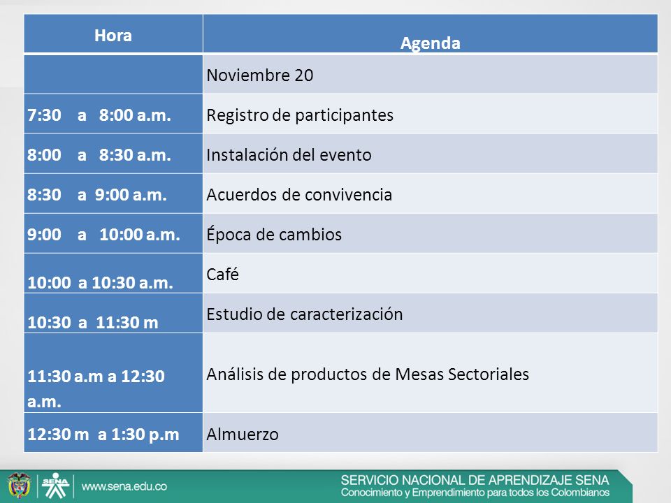 Hora Agenda. Noviembre 20. 7:30 a 8:00 a.m. Registro de participantes. 8:00 a 8:30 a.m.
