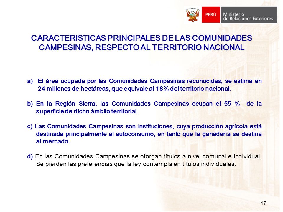 CARACTERISTICAS PRINCIPALES DE LAS COMUNIDADES CAMPESINAS, RESPECTO AL TERRITORIO NACIONAL