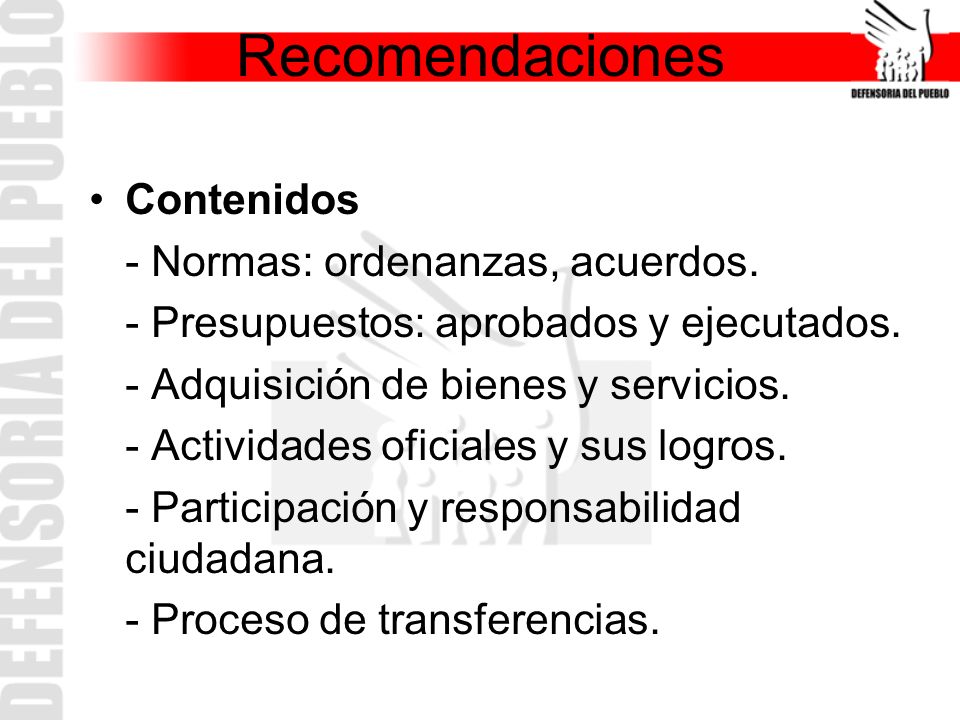 Recomendaciones Contenidos - Normas: ordenanzas, acuerdos.