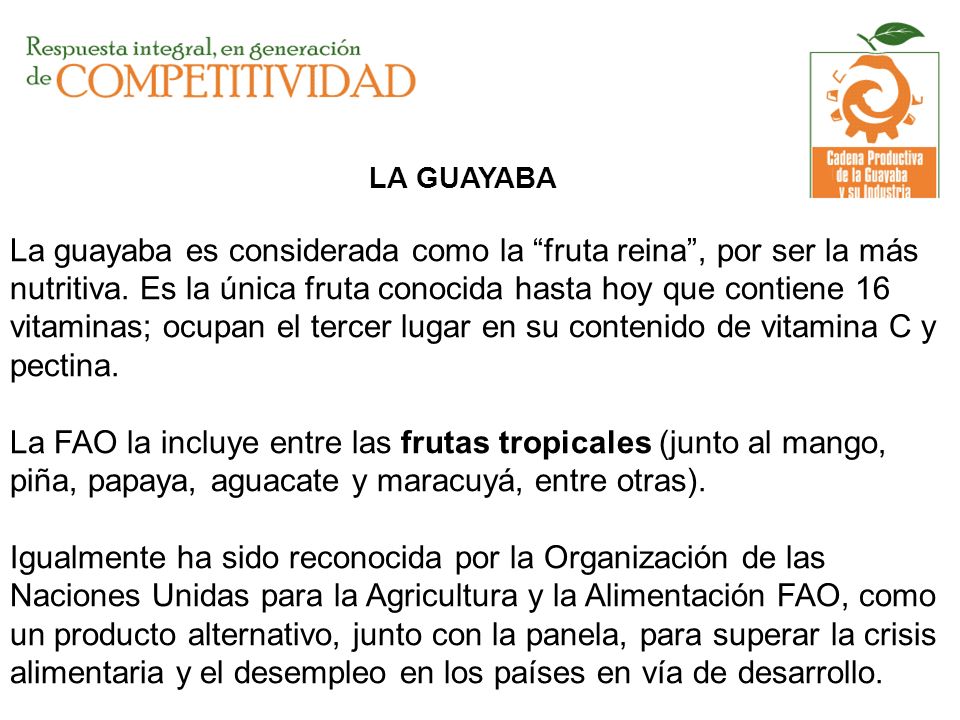 LA GUAYABA La guayaba es considerada como la fruta reina , por ser la más nutritiva.