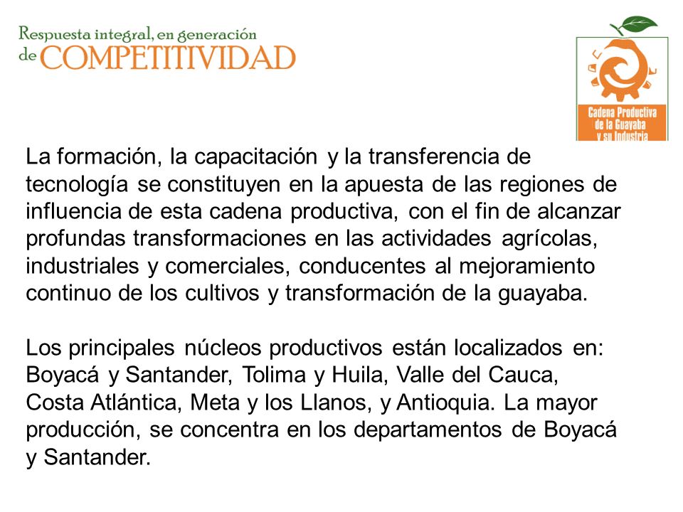La formación, la capacitación y la transferencia de tecnología se constituyen en la apuesta de las regiones de influencia de esta cadena productiva, con el fin de alcanzar profundas transformaciones en las actividades agrícolas, industriales y comerciales, conducentes al mejoramiento continuo de los cultivos y transformación de la guayaba.
