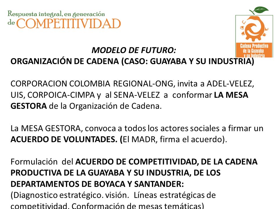 MODELO DE FUTURO: ORGANIZACIÓN DE CADENA (CASO: GUAYABA Y SU INDUSTRIA) CORPORACION COLOMBIA REGIONAL-ONG, invita a ADEL-VELEZ, UIS, CORPOICA-CIMPA y al SENA-VELEZ a conformar LA MESA GESTORA de la Organización de Cadena.