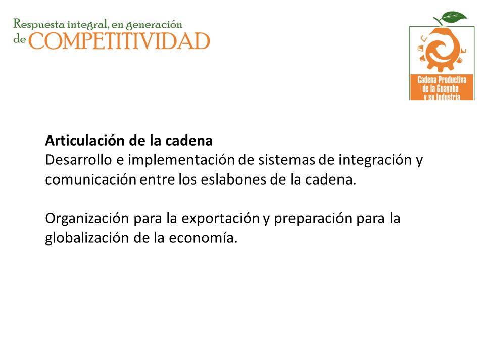 Articulación de la cadena Desarrollo e implementación de sistemas de integración y comunicación entre los eslabones de la cadena.