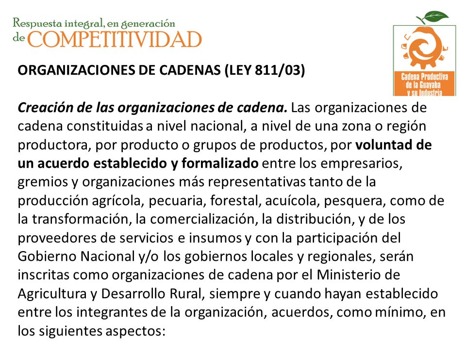 ORGANIZACIONES DE CADENAS (LEY 811/03) Creación de las organizaciones de cadena.
