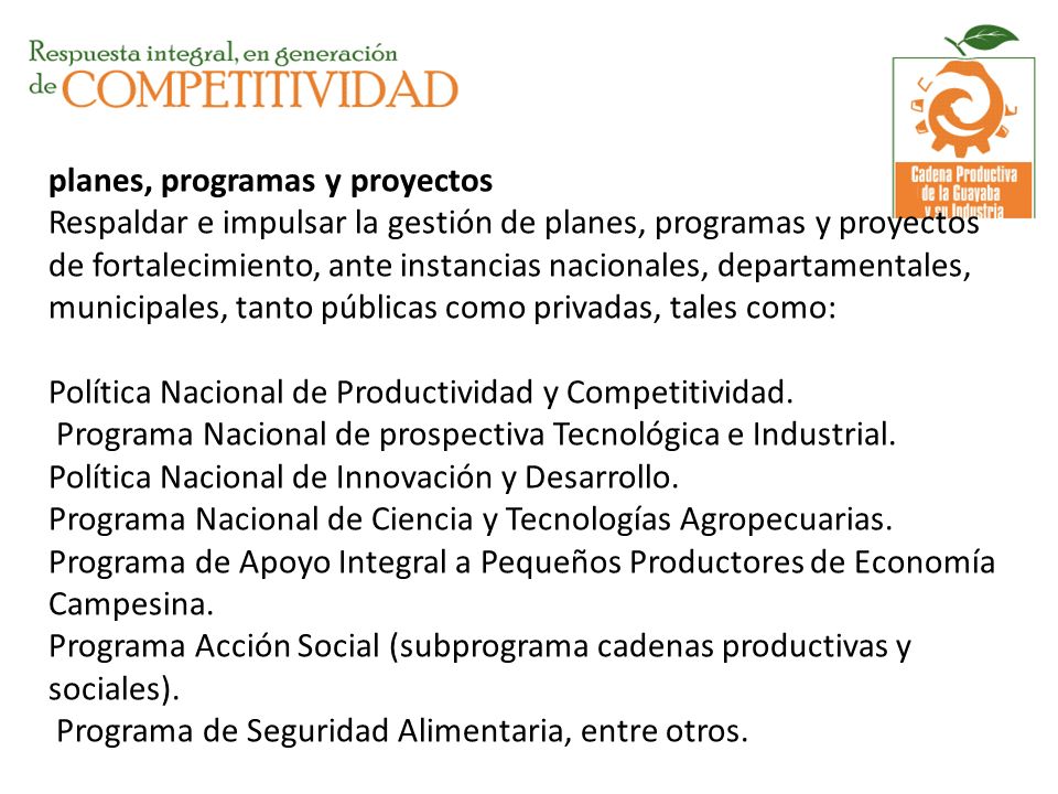 planes, programas y proyectos Respaldar e impulsar la gestión de planes, programas y proyectos de fortalecimiento, ante instancias nacionales, departamentales, municipales, tanto públicas como privadas, tales como: Política Nacional de Productividad y Competitividad.