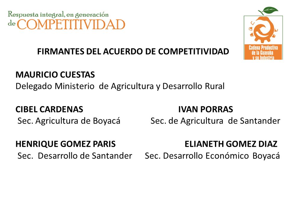 FIRMANTES DEL ACUERDO DE COMPETITIVIDAD MAURICIO CUESTAS Delegado Ministerio de Agricultura y Desarrollo Rural CIBEL CARDENAS IVAN PORRAS Sec.