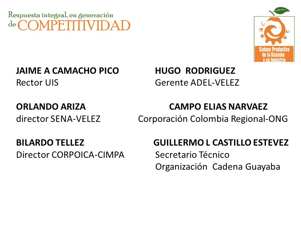 JAIME A CAMACHO PICO HUGO RODRIGUEZ Rector UIS Gerente ADEL-VELEZ ORLANDO ARIZA CAMPO ELIAS NARVAEZ director SENA-VELEZ Corporación Colombia Regional-ONG BILARDO TELLEZ GUILLERMO L CASTILLO ESTEVEZ Director CORPOICA-CIMPA Secretario Técnico Organización Cadena Guayaba