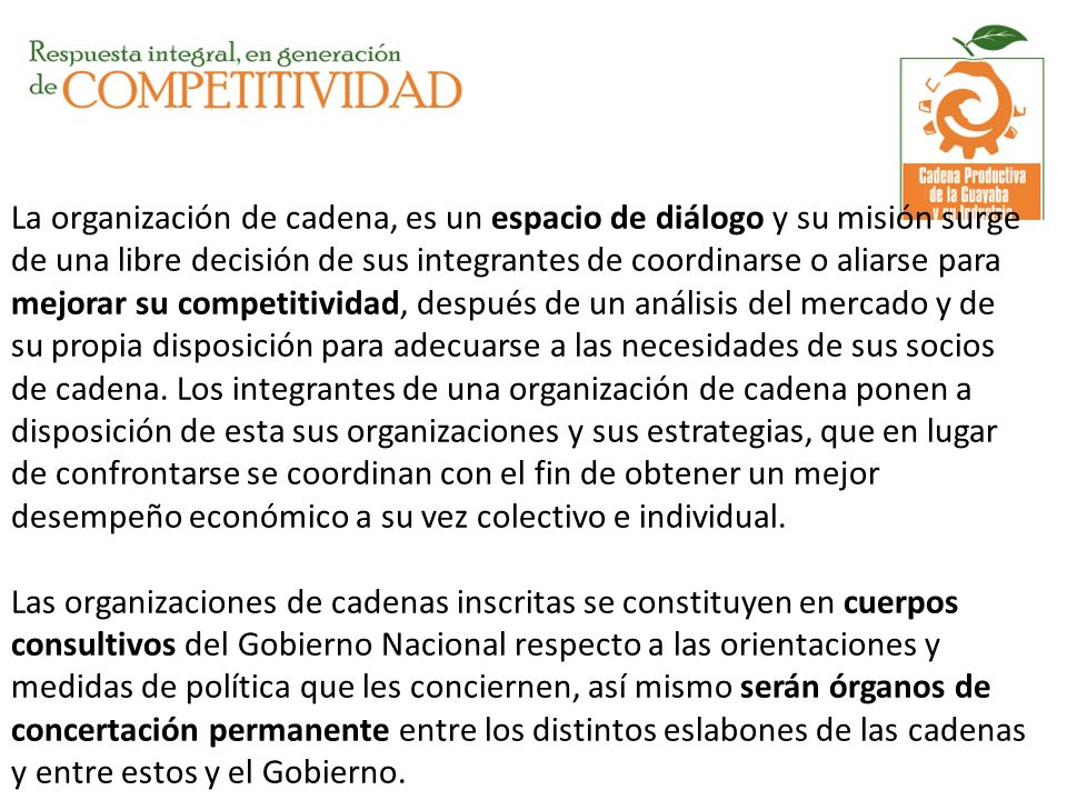 La organización de cadena, es un espacio de diálogo y su misión surge de una libre decisión de sus integrantes de coordinarse o aliarse para mejorar su competitividad, después de un análisis del mercado y de su propia disposición para adecuarse a las necesidades de sus socios de cadena.