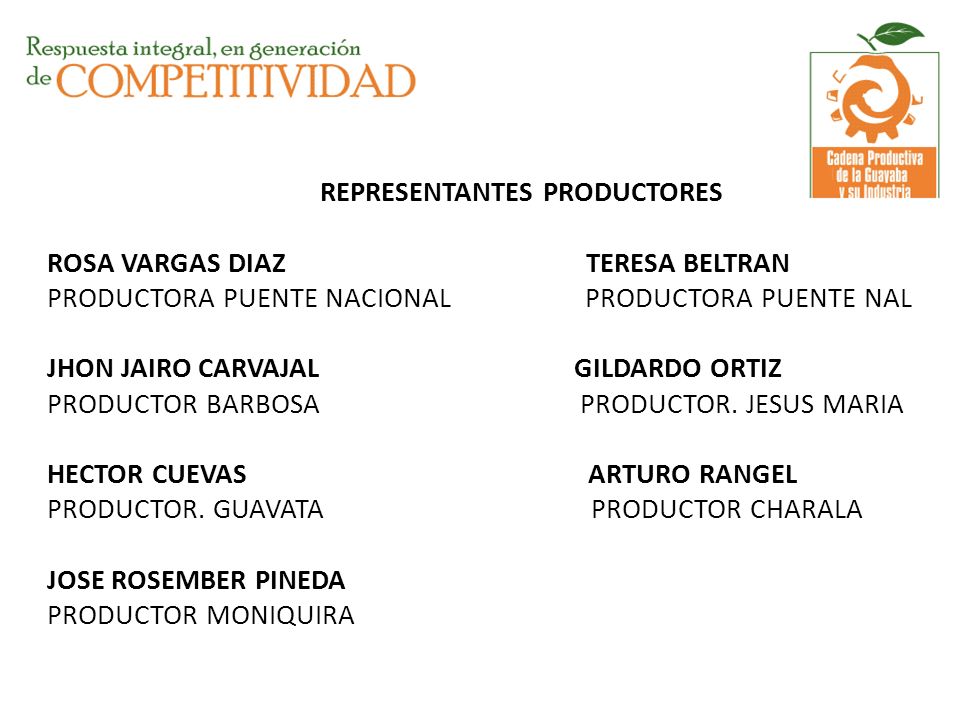 REPRESENTANTES PRODUCTORES ROSA VARGAS DIAZ TERESA BELTRAN PRODUCTORA PUENTE NACIONAL PRODUCTORA PUENTE NAL JHON JAIRO CARVAJAL GILDARDO ORTIZ PRODUCTOR BARBOSA PRODUCTOR.