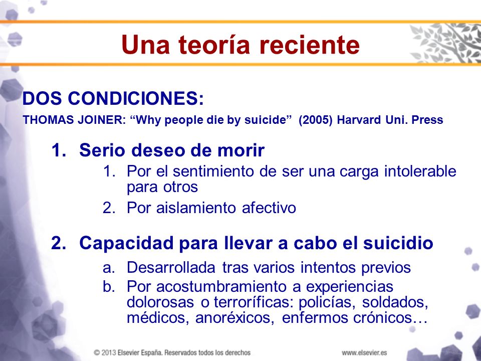 Una teoría reciente DOS CONDICIONES: Serio deseo de morir