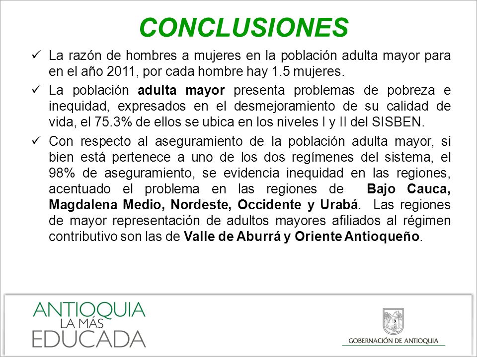 CONCLUSIONES La razón de hombres a mujeres en la población adulta mayor para en el año 2011, por cada hombre hay 1.5 mujeres.