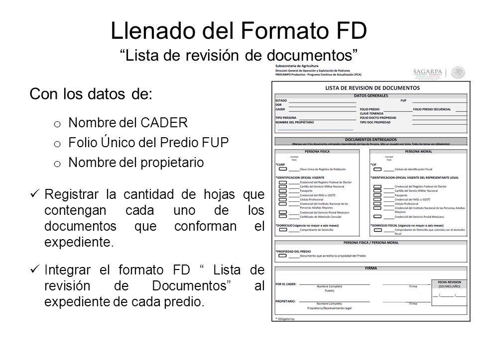Llenado del Formato FD Lista de revisión de documentos