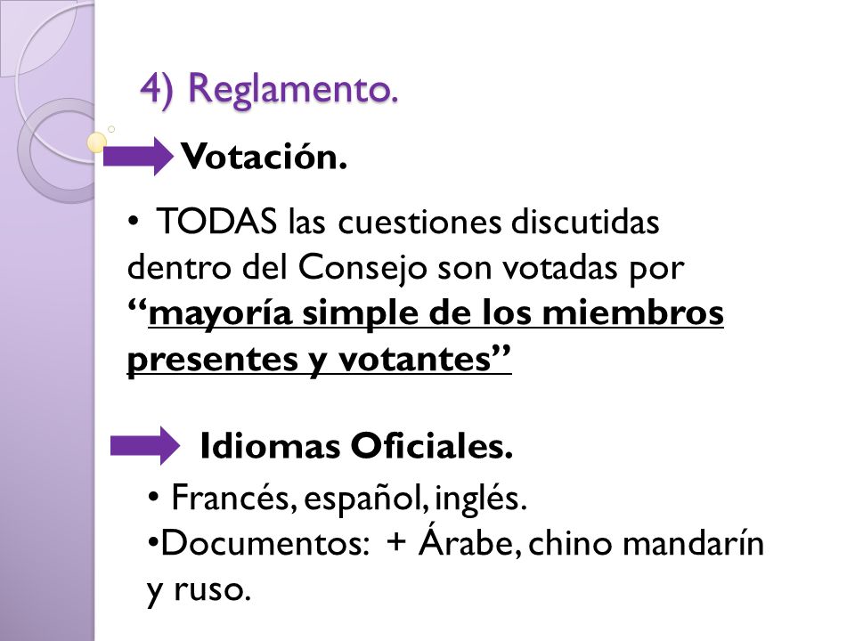 4) Reglamento. Votación. TODAS las cuestiones discutidas dentro del Consejo son votadas por mayoría simple de los miembros presentes y votantes