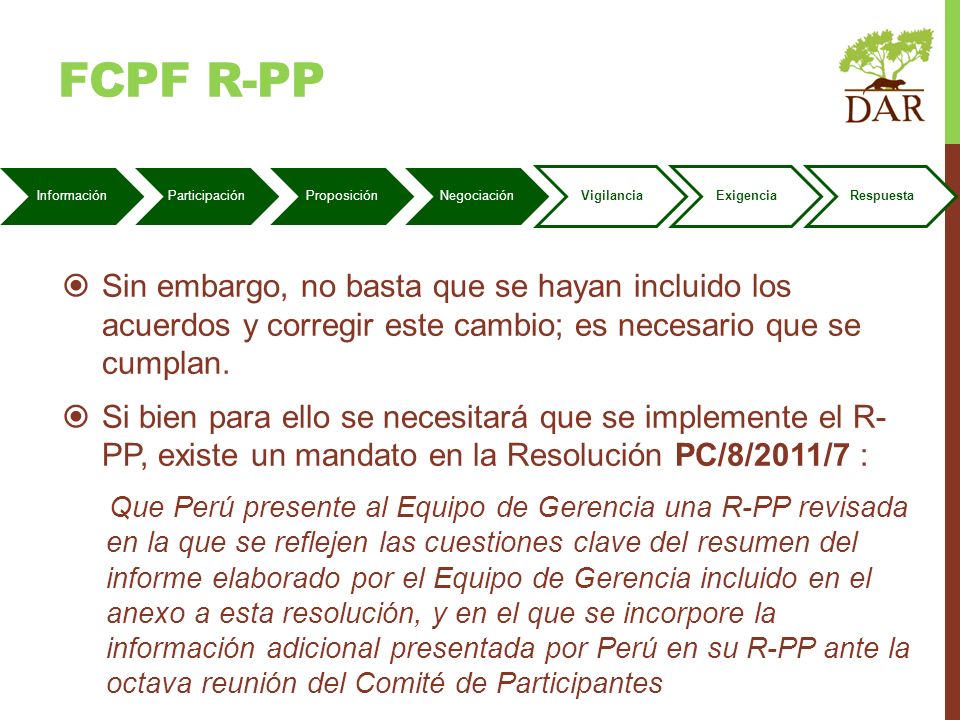 FCPF r-pP Información. Participación. Proposición. Negociación. Vigilancia. Exigencia. Respuesta.