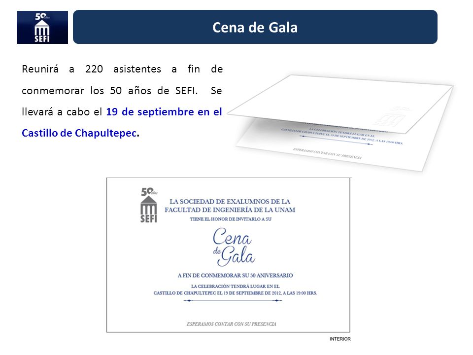 Cena de Gala Reunirá a 220 asistentes a fin de conmemorar los 50 años de SEFI.