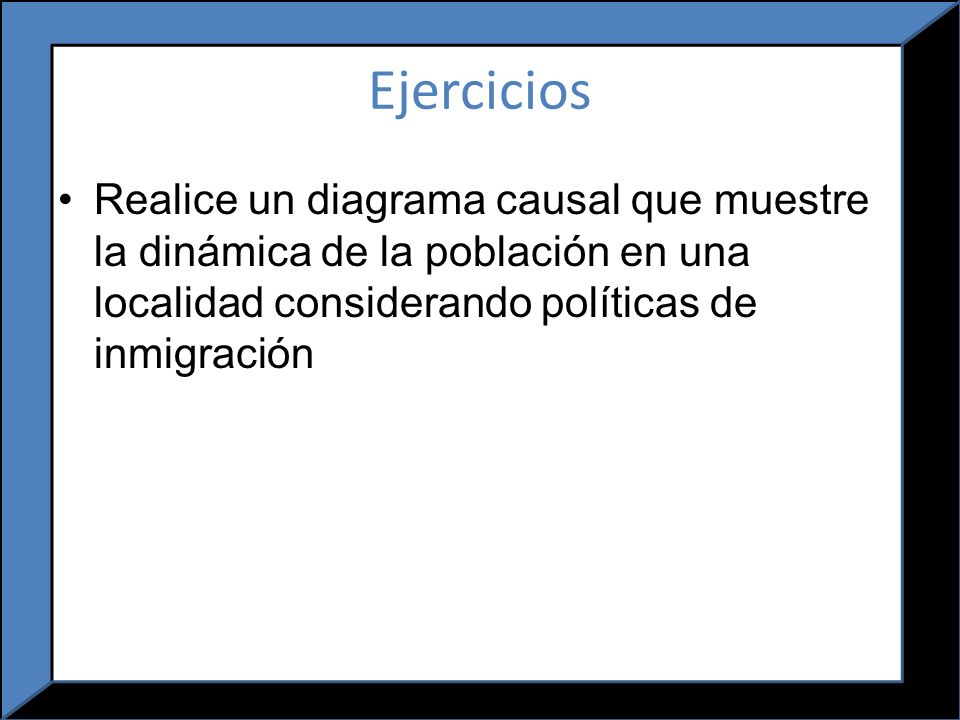 Ejercicios Realice un diagrama causal que muestre la dinámica de la población en una localidad considerando políticas de inmigración.