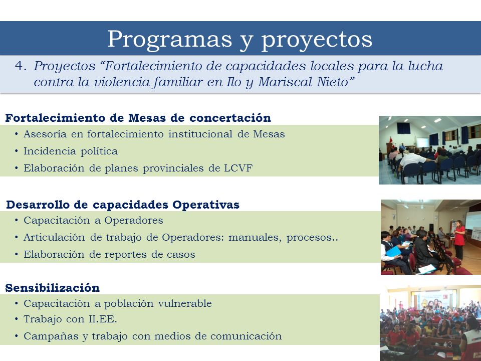 Programas y proyectos 4. Proyectos Fortalecimiento de capacidades locales para la lucha contra la violencia familiar en Ilo y Mariscal Nieto