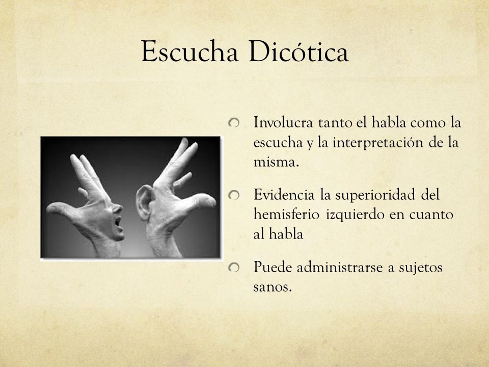 Escucha Dicótica Involucra tanto el habla como la escucha y la interpretación de la misma.