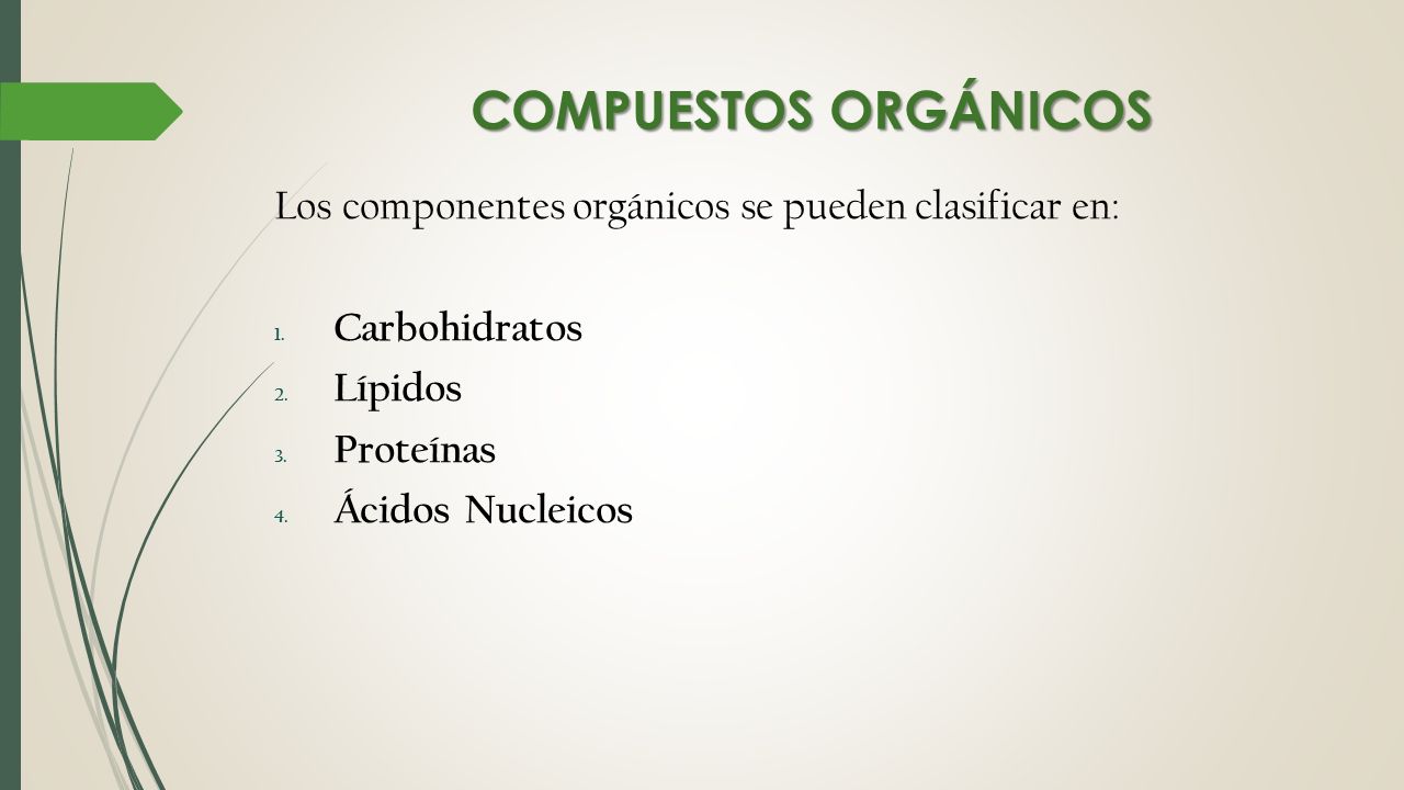 COMPUESTOS ORGÁNICOS Los componentes orgánicos se pueden clasificar en: Carbohidratos. Lípidos. Proteínas.