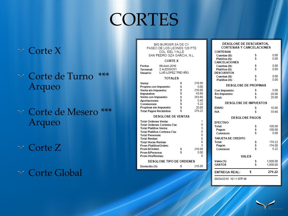 CORTES Corte X Corte de Turno *** Arqueo Corte de Mesero *** Arqueo