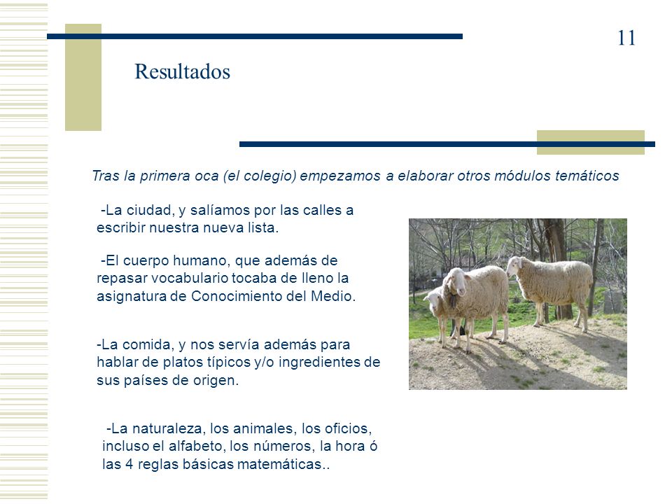 11 Resultados. Tras la primera oca (el colegio) empezamos a elaborar otros módulos temáticos.