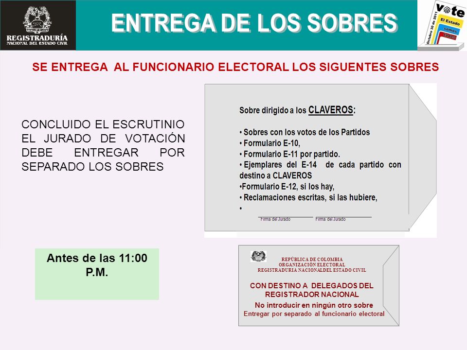 ENTREGA DE LOS SOBRES SE ENTREGA AL FUNCIONARIO ELECTORAL LOS SIGUENTES SOBRES.