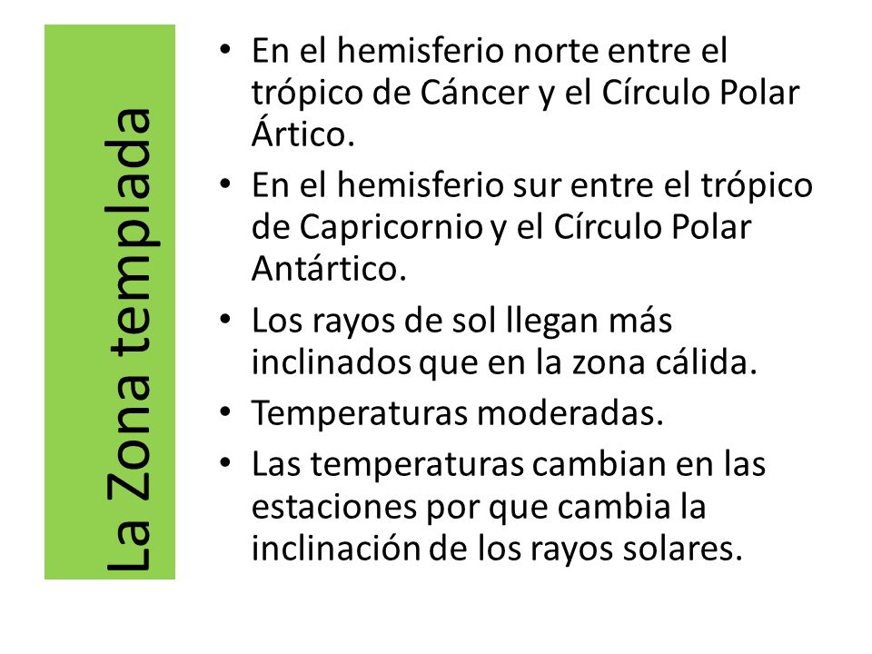 La Zona templada En el hemisferio norte entre el trópico de Cáncer y el Círculo Polar Ártico.