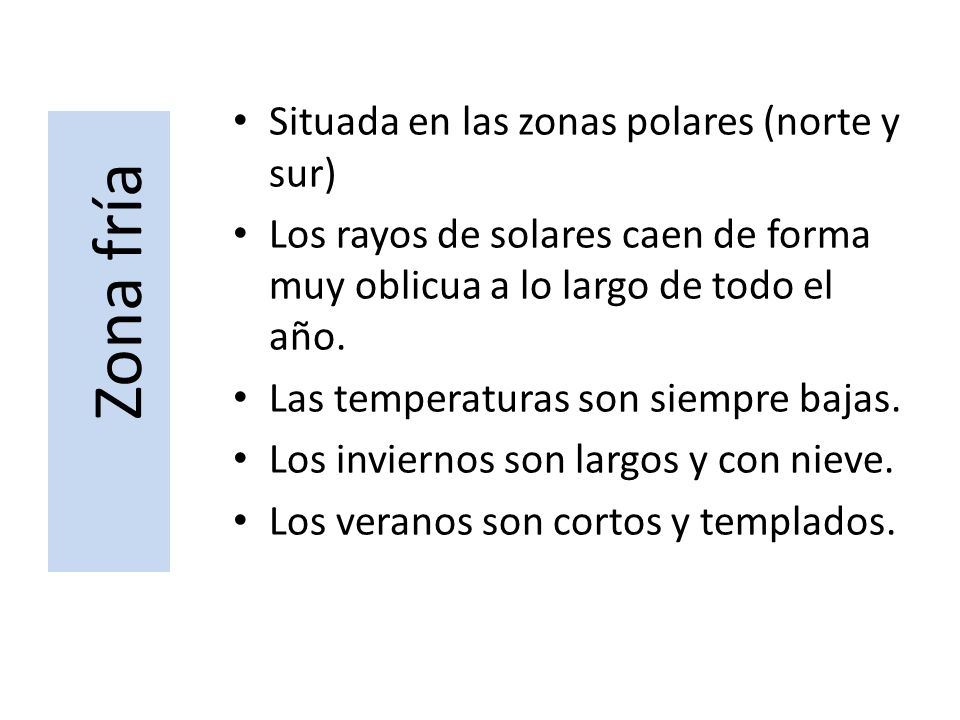 Zona fría Situada en las zonas polares (norte y sur)