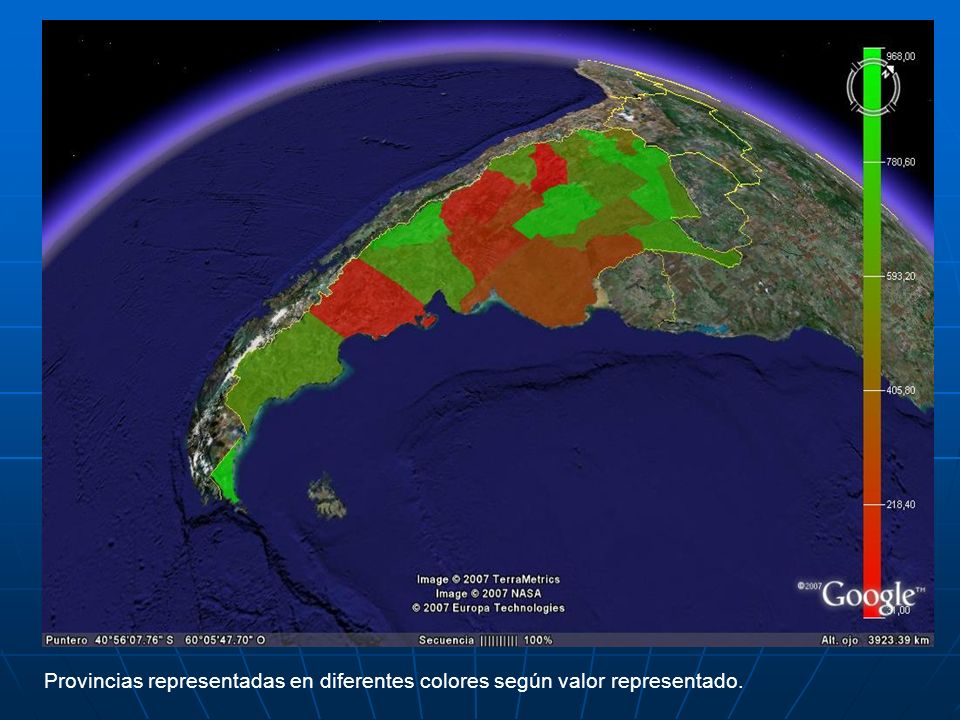 Provincias representadas en diferentes colores según valor representado.