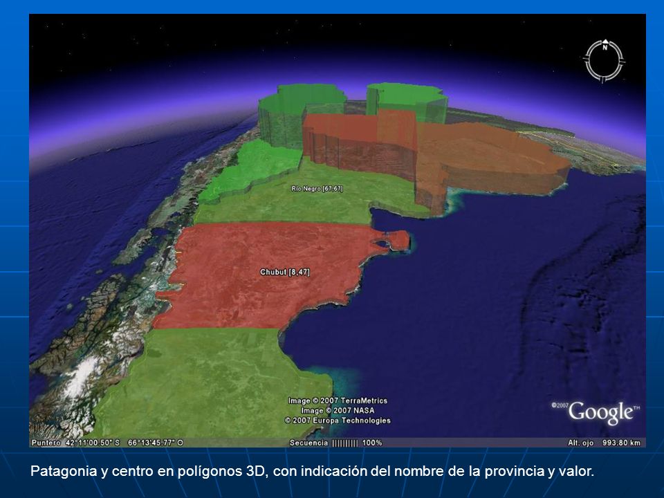 Patagonia y centro en polígonos 3D, con indicación del nombre de la provincia y valor.