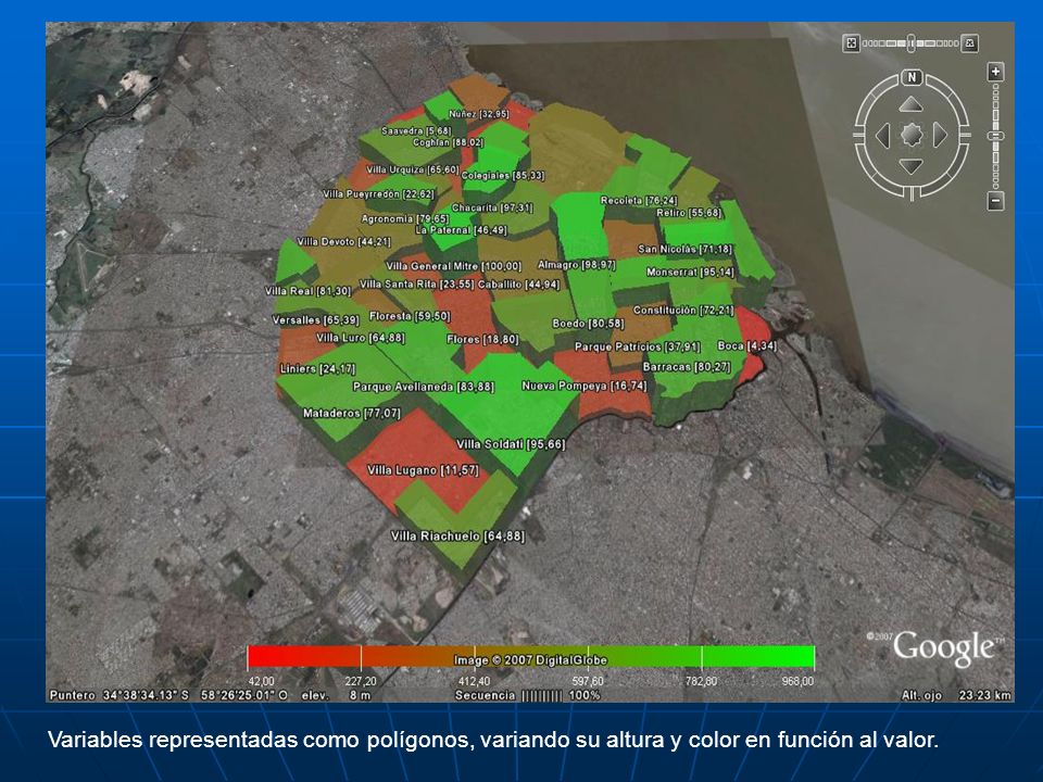 Variables representadas como polígonos, variando su altura y color en función al valor.