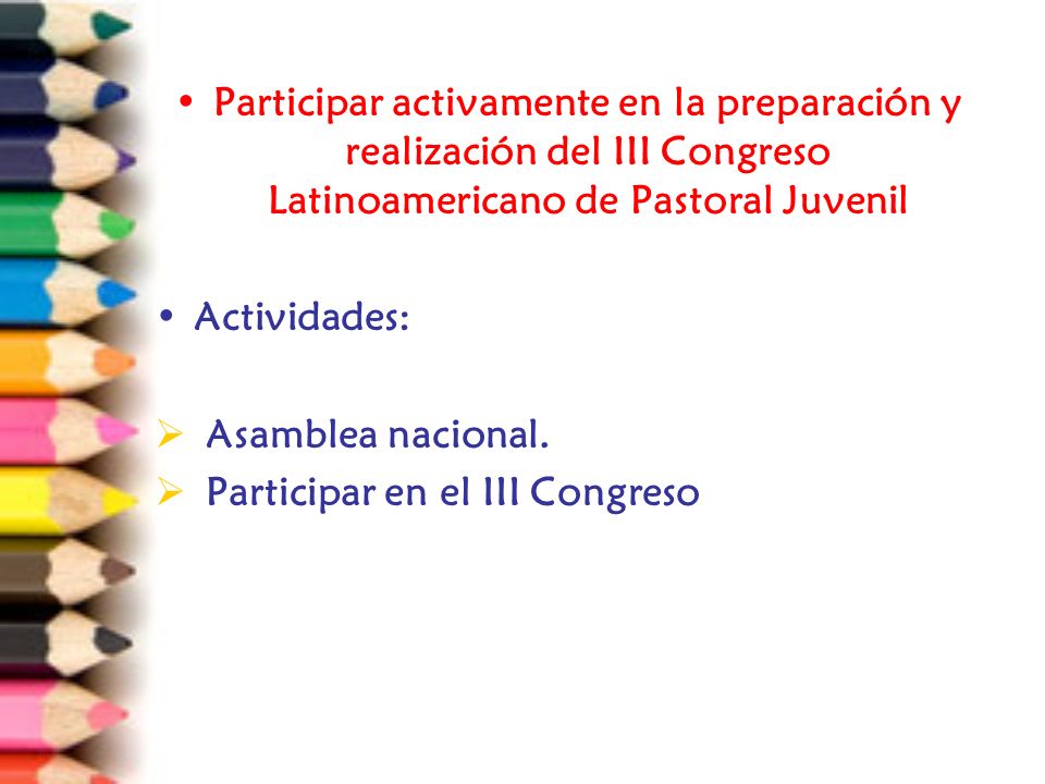 Participar activamente en la preparación y realización del III Congreso Latinoamericano de Pastoral Juvenil