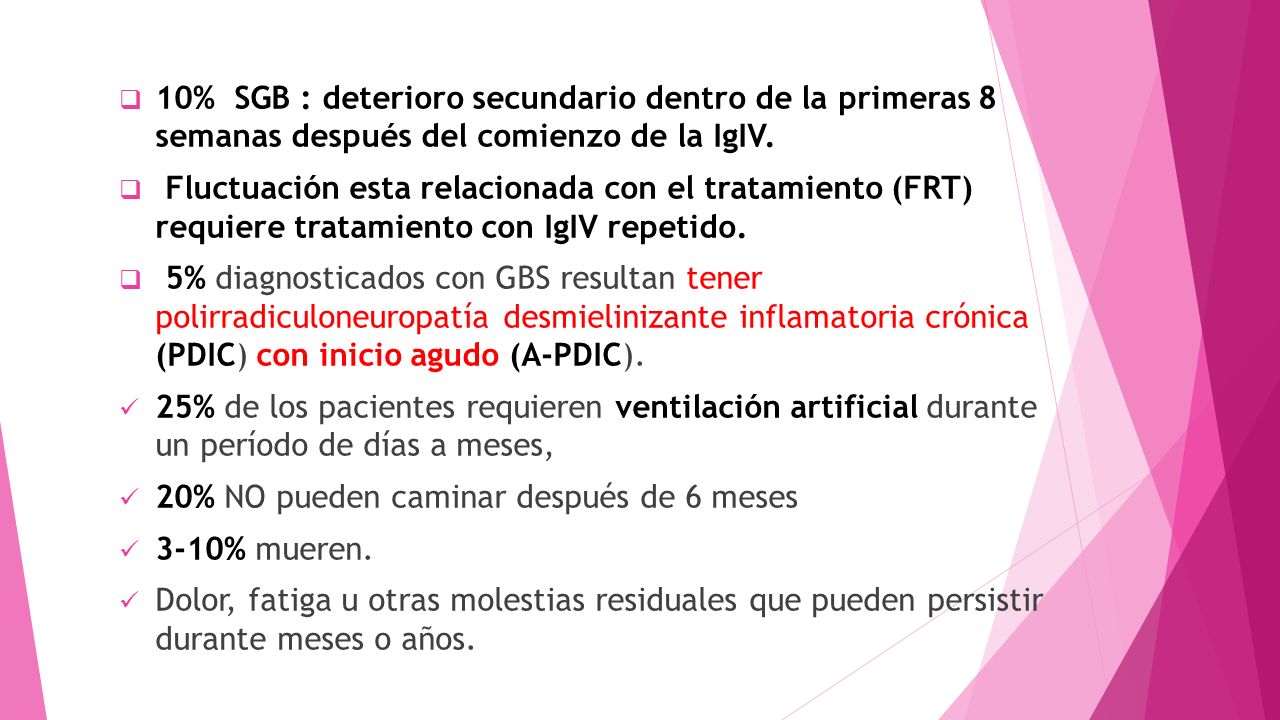 10% SGB : deterioro secundario dentro de la primeras 8 semanas después del comienzo de la IgIV.