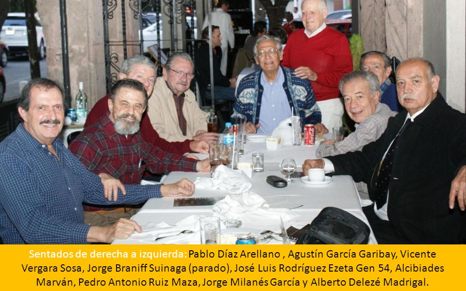 Sentados de derecha a izquierda: Pablo Díaz Arellano , Agustín García Garibay, Vicente Vergara Sosa, Jorge Braniff Suinaga (parado), José Luis Rodríguez Ezeta Gen 54, Alcibiades Marván, Pedro Antonio Ruiz Maza, Jorge Milanés García y Alberto Delezé Madrigal.