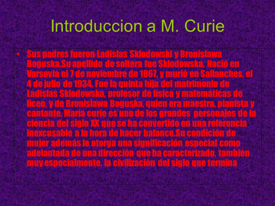 Introduccion a M. Curie
