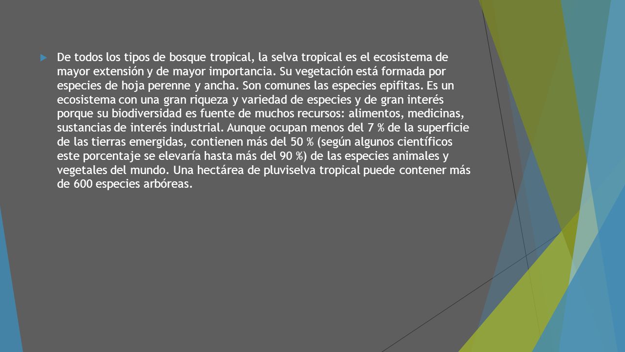 De todos los tipos de bosque tropical, la selva tropical es el ecosistema de mayor extensión y de mayor importancia.