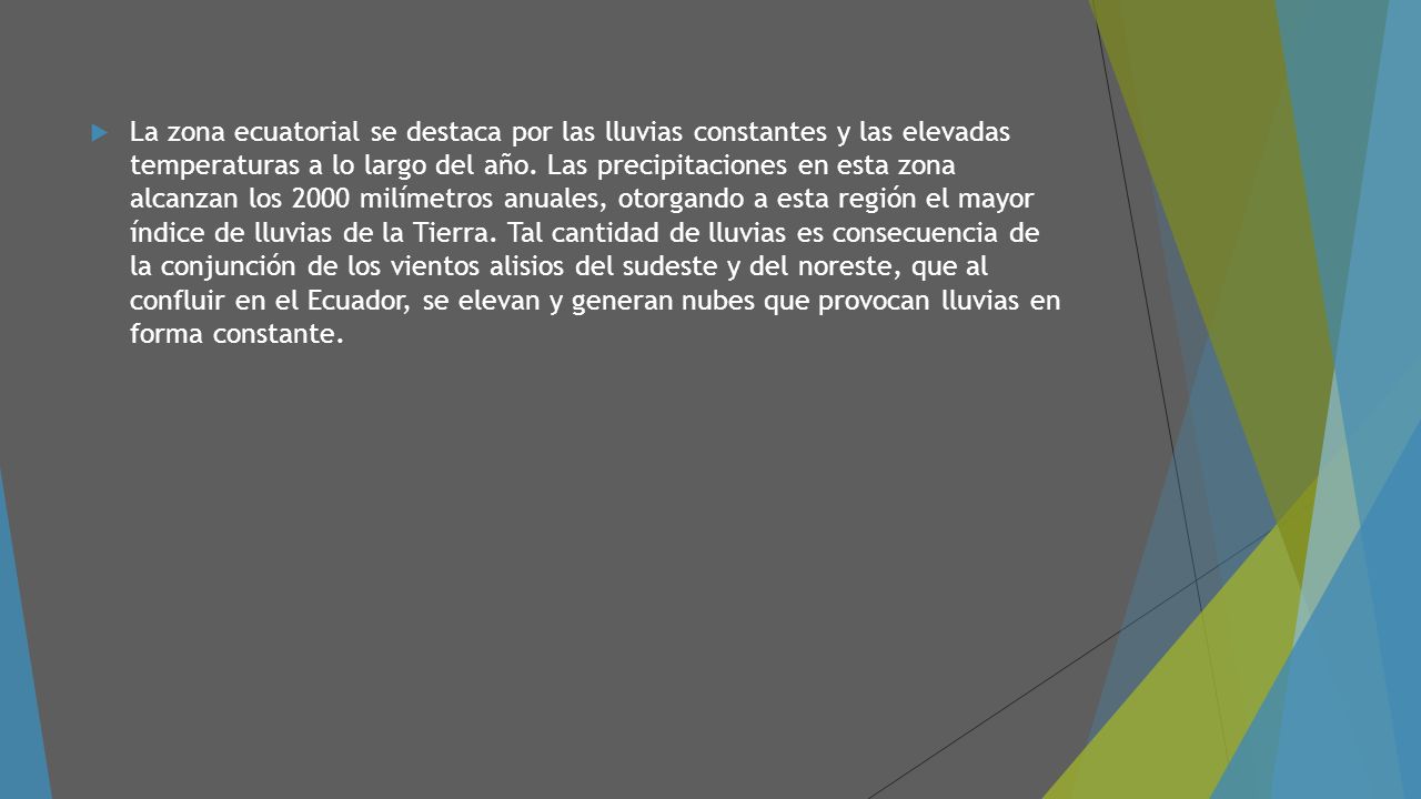 La zona ecuatorial se destaca por las lluvias constantes y las elevadas temperaturas a lo largo del año.