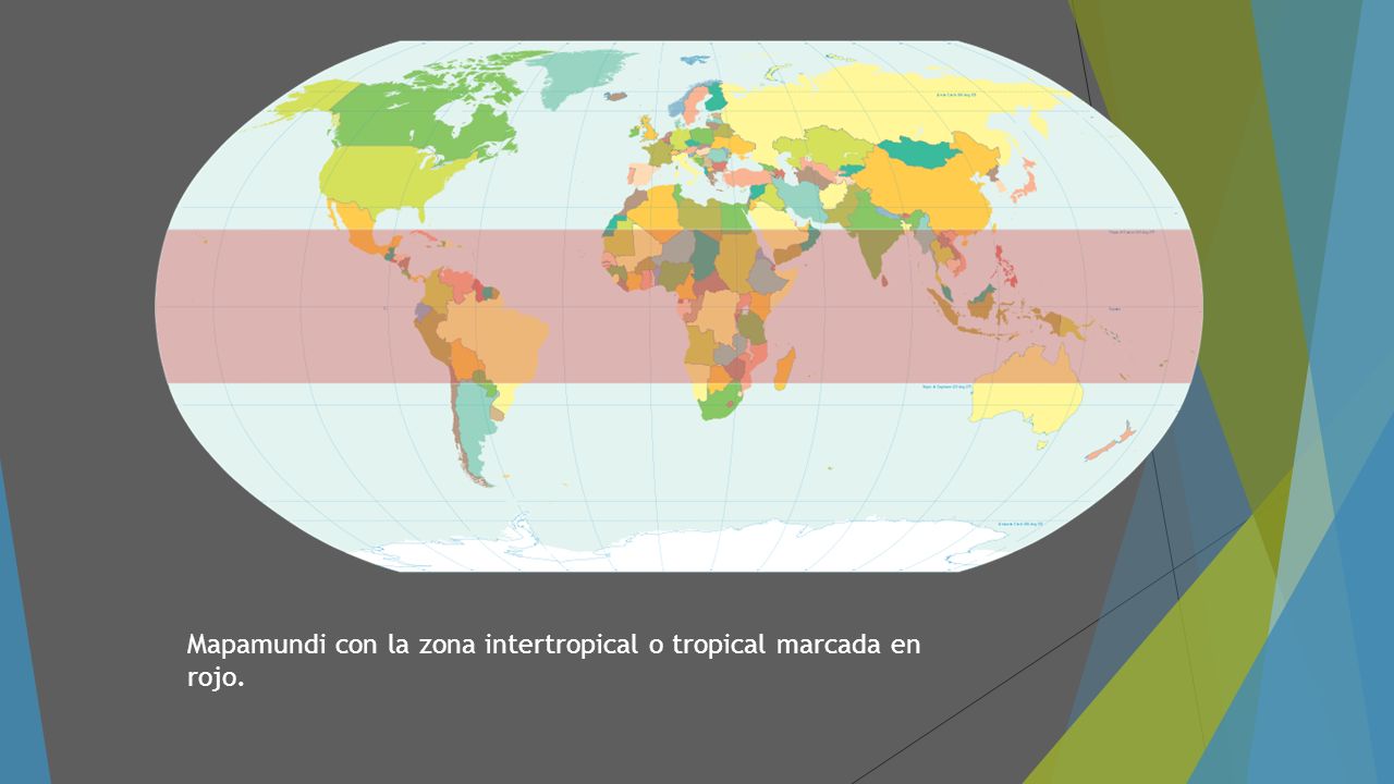 Mapamundi con la zona intertropical o tropical marcada en rojo.