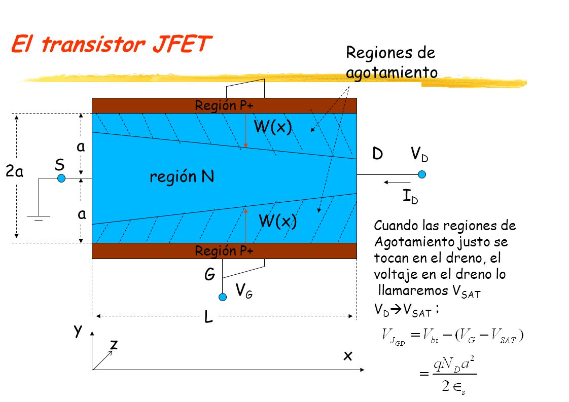 El transistor JFET Regiones de agotamiento W(x) a D VD S 2a región N
