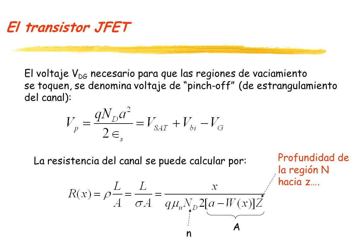 El transistor JFET El voltaje VDG necesario para que las regiones de vaciamiento. se toquen, se denomina voltaje de pinch-off (de estrangulamiento.