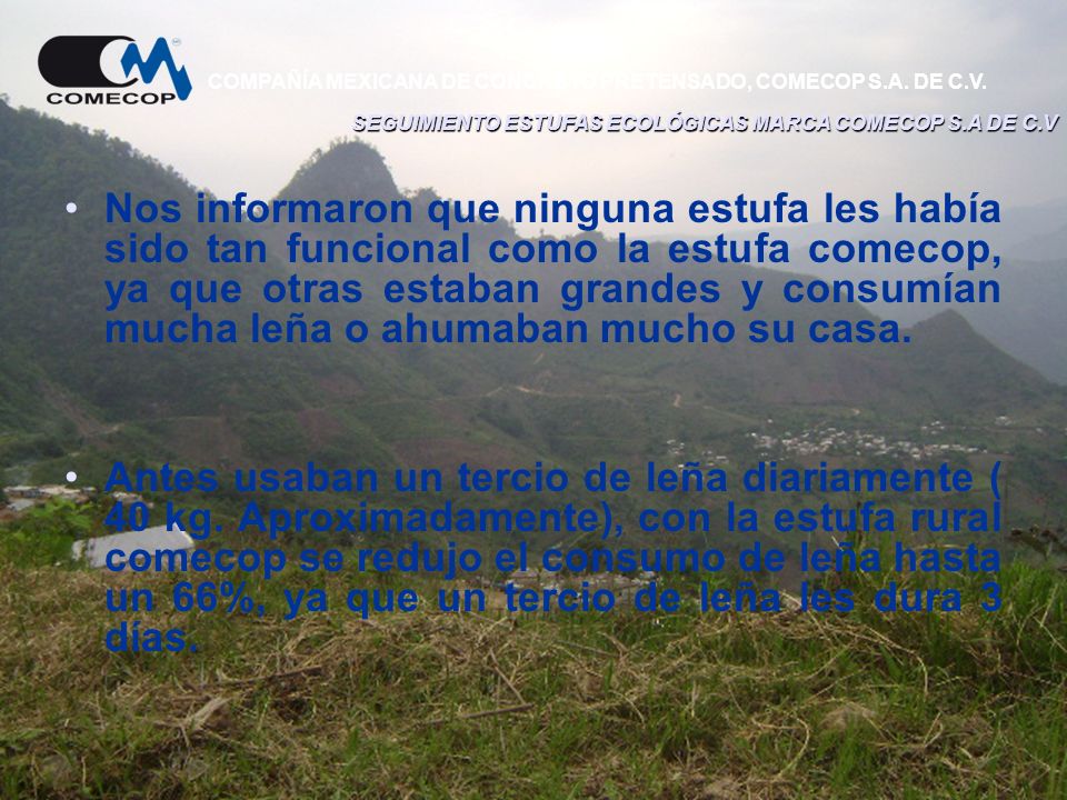SEGUIMIENTO ESTUFAS ECOLÓGICAS MARCA COMECOP S.A DE C.V