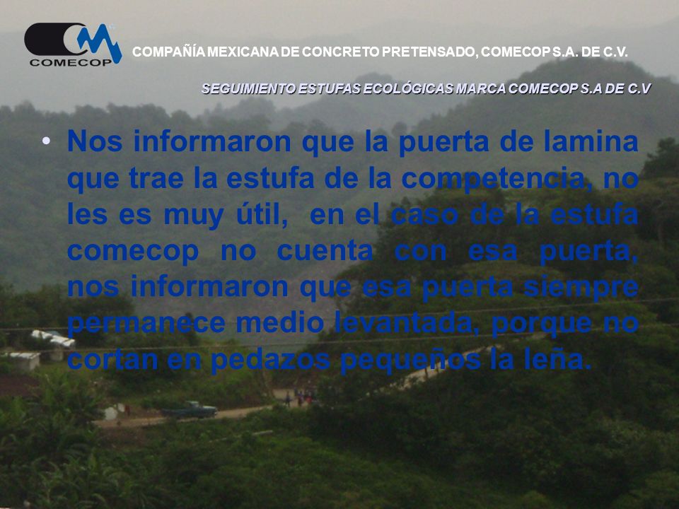 SEGUIMIENTO ESTUFAS ECOLÓGICAS MARCA COMECOP S.A DE C.V